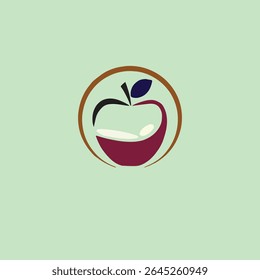 Um design de logotipo vetorial limpo e moderno com uma maçã estilizada com uma folha dentro de um quadro circular. Este ícone minimalista e elegante é perfeito para representar alimentos saudáveis, nutrição, orgânica pr