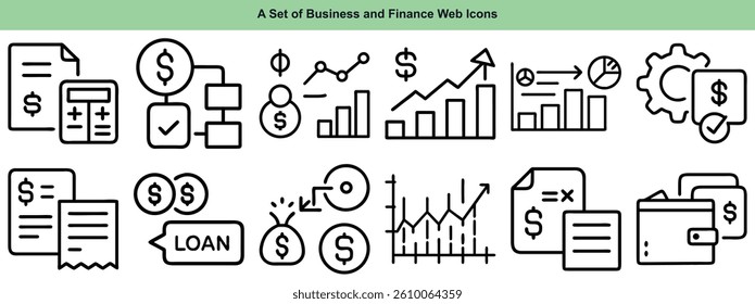 Clean and modern vector set of business and finance web icons. Includes symbols for banking, investment, budgeting, analytics, and digital payments. Perfect for websites, apps, dashboards