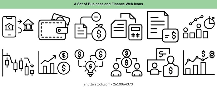 Clean and modern vector set of business and finance web icons. Includes symbols for banking, investment, budgeting, analytics, and digital payments. Perfect for websites, apps, dashboards