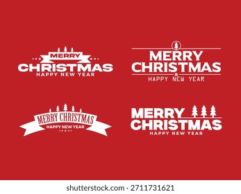 A clean and modern vector set featuring four flat typography designs of “Merry Christmas and Happy New Year.” Each artwork is styled like a simple logo with bold lettering and festive layout. Ideal fo