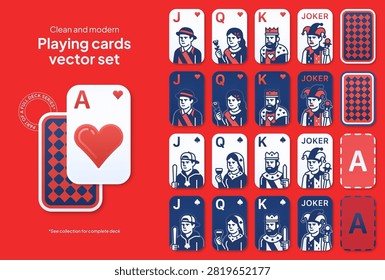 A clean, modern vector set featuring the face of a classic playing card deck — Jack, Queen, King, and Joker — designed in a minimalist style with bold colors and crisp linework. This set includes each character card in two color variations (light and dark), a matching back design, and a blank template ready for customization.

Perfect for casino apps, solitaire games, UI kits, mobile game design, poker branding, and any digital or print project that needs a modern, playful take on traditional playing cards. The consistent design style makes it easy to mix and match with icons, buttons, and other UI elements in your app or game interface.

What's included:

Jack, Queen, King, and Joker character illustrations (light and dark versions)
Matching diamond-pattern back design
Blank template for custom content
Fully editable vector shapes (scalable to any size without losing quality)
Clean, modern illustration style