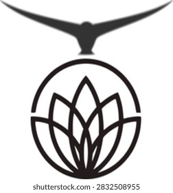 A clean and modern vector-style logo design, in black and white, depicting a geometric line-art lotus flower inside a circle, surmounted by a stylized silhouette of a flying bird with outstretched wings. This emblem represents nature, purity, harmony, peace, freedom, spirituality, growth, wellness, and awakening.