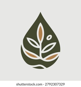 A clean, modern vector-style logo icon depicting a water droplet silhouette filled with a botanical plant sprout design, symbolizing nature, growth, and sustainability.
