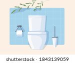 Clean modern WC with white ceramic toilet bowl, paper and brush. Front view of restroom with green plant isolated on beige background. Water closet with blue wall tiles. Flat vector illustration