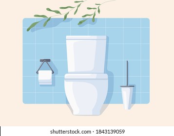 Clean modern WC with white ceramic toilet bowl, paper and brush. Front view of restroom with green plant isolated on beige background. Water closet with blue wall tiles. Flat vector illustration