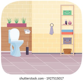 Clean modern WC with white ceramic toilet bowl, paper and brush, cabinet with accessories. Restroom with green plant in pot in cozy interior. Water closet with wall tiles. Flat vector illustration