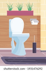 Clean modern WC with white ceramic toilet bowl, paper and brush. Front view of restroom with green plant in pot in cozy beige interior. Water closet with brown wall tiles. Flat vector illustration