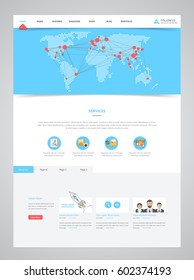 Clean Modern Website Interface Template with Earth Map Header, Vector Illustration.