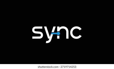 Se presenta un logotipo de texto en blanco limpio y moderno con la ortografía 'sync' sobre un fondo negro. Un elemento gráfico azul minimalista conecta el