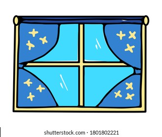 Clean and Modern Window: Vector illustration featuring a thin black outline of a window with a blue curtain. Ideal for creating a clean, modern, and visually appealing design aesthetic