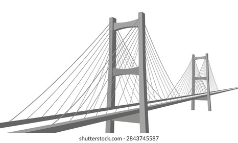 A clean, monochromatic 3D rendering of a cable-stayed bridge. The image features two large structural towers connected to a roadway by multiple thin support cables. The perspective is from a low angle, looking up at the structure against a plain white background. The design is abstract and generic, suitable for concepts related to connectivity, transportation, construction, and modern architecture.