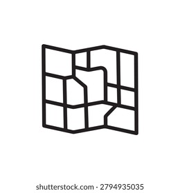 A clean, monochromatic illustration of a folded map divided into three panels. The map features a grid overlay with a winding pathway and shaded regions, giving a sense of depth and structure. The des.