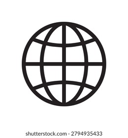 A clean, monochromatic illustration of a globe featuring bold grid lines for latitude and longitude, rendered in high contrast black and white. The design is simple, geometric, and centered against a .