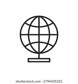 A clean, monochromatic illustration of a globe resting on a simple stand, featuring prominent grid lines for latitude and longitude. The design is sleek and modern with high contrast, emphasizing geom.