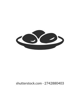 A clean, monochrome icon featuring three oval food items, like dates or eggs, served on a small plate. A versatile symbol for food or cultural apps.