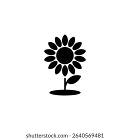 Clean, monochrome rendering of a sunflower icon, depicted with a round center and oval petals, rising from a single stem, planted in a rounded base.