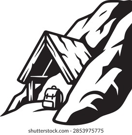 Clean monochrome vector artwork of a small mountain rest shelter integrated into a rocky slope with a backpack, representing hiking destinations, trekking routes, and mountain tourism.