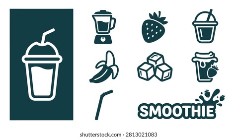A clean monochrome vector clipart collection for juice bars. Includes dark teal icons of a blender, fruits, and cold drinks. Ideal for health-focused menus and app design.