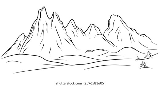 clean monochrome vector illustration of mountain peaks, suitable for adventure themes, nature-focused branding, posters or backgrounds