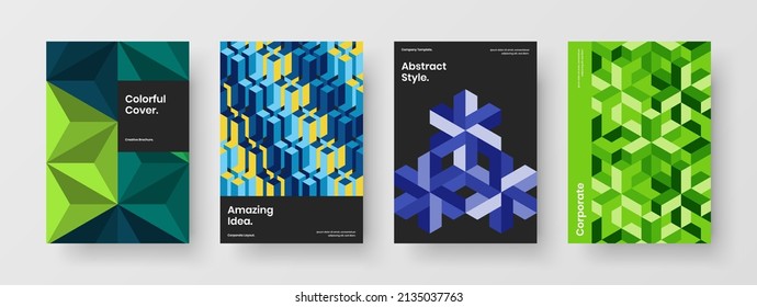 Clean mosaic hexagons flyer concept bundle. Unique cover A4 design vector template set.