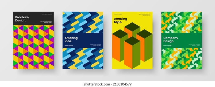 Clean mosaic hexagons postcard layout set. Isolated company cover A4 design vector template collection.