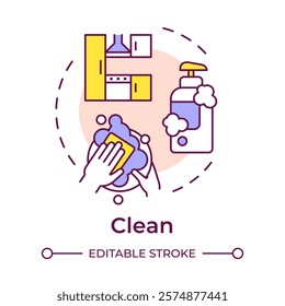 Clean multi color concept icon. Tableware washing. Cleaning tools, chemicals. Round shape line illustration. Abstract idea. Graphic design. Easy to use in infographic, presentation