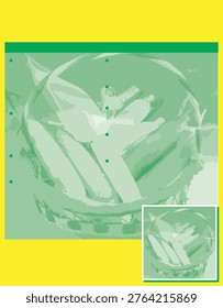 A clean, multi-purpose graphic template featuring a soft green basket of corn illustration. Includes a vibrant yellow header, green accents, and a dedicated inset box for detailed information or product focus