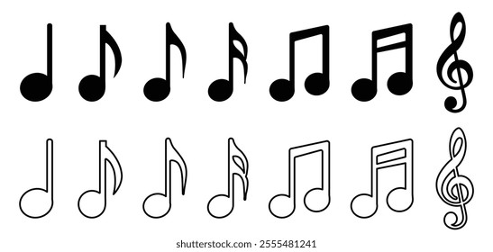 Clean music note icons including single notes, double notes, beams, and a treble clef, ideal for audio, sound, ringtone, music apps, playlists, media controls, and studio interfaces.