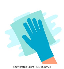 Clean Napkin In Hand With Gloves. Cleaning Surface Rag. Wipe With Cloth. Antibacterial Disinfection, Hygiene. Work At Home. Vector Illustration Flat