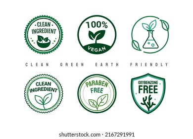 Clean Natural Organic Nature Ingredient Stamp Label Badge Design. Environment Friendly, Eco, No Harm, Vegan, No Oxybenzone, Paraben Free Vector.