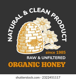 Clean and natural organic and unfiltered raw honey. Agriculture and production of tasty products, beehive with flowers, business and farming. Promotional banner or advertisement. Vector in flat style
