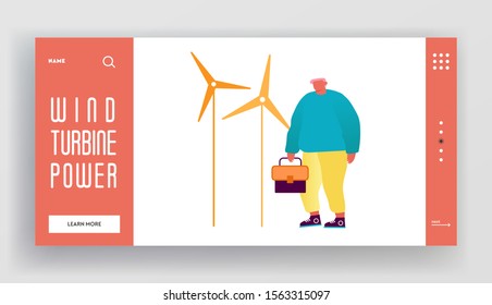 Clean Nature Ecology Environment Website Landing Page. Man Operator or Engineer Doing Maintenance of Windmill Turbines Ecofriendly Energy Equipment Web Page Banner. Cartoon Flat Vector Illustration