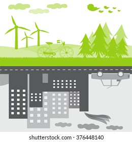 Clean nature with trees and dirty pollution city with car