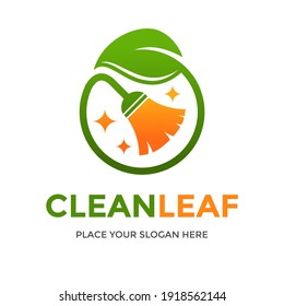Clean with nature vector logo template. This design use broom and leaf symbol. Suitable for care of environment.