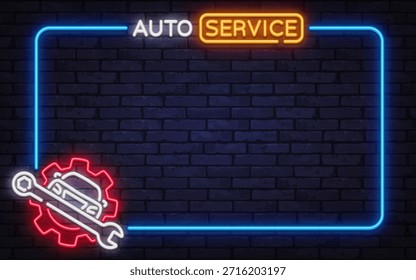 Limpie el marco de Vector de neón con la señal de servicio automático, el engranaje y el ícono de la llave. Ideal para anuncios de mantenimiento de automóviles, marcas de garajes y promociones de reparación.