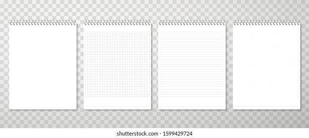 Clean notebook pages realistic vector illustration set. Empty white sheets pack isolated on transparent background. Blank squared and ruled binder pages collection. Office stationery mockups