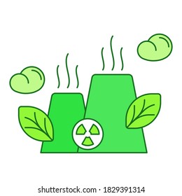 Clean nuclear energy concept pipe power station factory reactor leaf white isolated background with green theme flat outline style