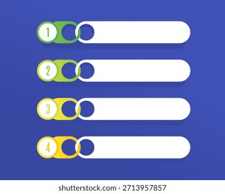 Eine saubere, nummerierte Infografik-Vorlage mit vier horizontalen Schritten, abgerundeten Formen und bunten Markierungen auf blauem Hintergrund, ideal für Prozesse, Zeitachsen, Listen oder Präsentationen.