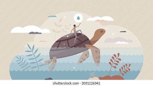Clean Ocean And Clear Sea With Water Wildlife Protection Tiny Person Concept. Environmental Climate Protection With Active Nature Conservation Activities Vector Illustration. Ecological Marine Life.