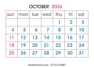 A clean October 2026 calendar grid with red Sundays and blue weekdays on a white background. Scalable vector format suitable for print and digital ...