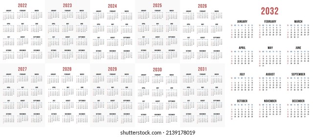 Clean office calendar set for 2022 - 2032 years. Simple vector calendar template design for 12 months on one page. Week starts on Sunday. English language. 