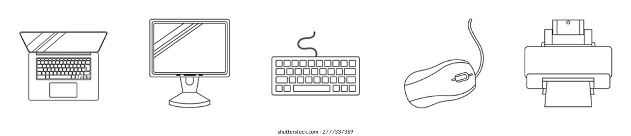 Clean office technology outline icons set including laptop, desktop monitor, keyboard, computer mouse, and printer. Minimal linear vector collection suitable for business presentation, web UI, mobile app, infographic, and corporate design projects.