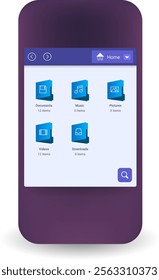 A clean and organized data manager app interface featuring folder icons for documents, music, pictures, videos, and downloads, along with a navigation toolbar