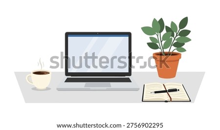 A clean and organized desk setup featuring a laptop, a steaming cup of coffee, a potted plant, and an open notebook with a pen.