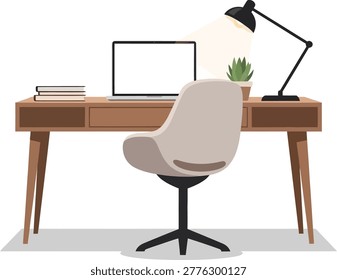 Clean and organized home office setup featuring a wooden desk, contemporary chair, laptop, desk lamp, books, and a potted succulent plant.