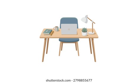 A clean and organized home office setup featuring a wooden desk, laptop, blue office chair, small potted plant, desk lamp, notebook, and coffee mug for a productive workspace.