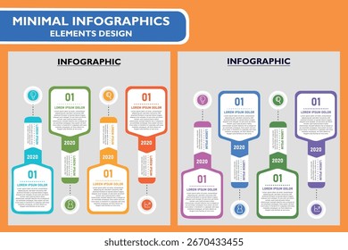 Um modelo infográfico limpo e organizado para uma linha do tempo ou apresentação baseada em ano. Este design vetorial é ótimo para ilustrar dados históricos e marcos de projeto de forma eficaz.