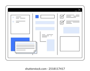 Reinigen Sie das Layout eines Computerbildschirms mit Elementen wie Checklisten, Notizen und Feldern in Blau und Weiß. Ideal für Produktivität, Aufgabenmanagement, Projektplanung, Benutzeroberflächendesign und