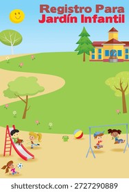 Um modelo de formulário de inscrição limpo e organizado intitulado "Registro Para Jardín Infantil", projetado para inscrição em pré-escola ou creche. O layout inclui seções para detalhes do aluno, informações de família e contato, registros médicos, documentos necessários e contrato dos pais, tornando-o ideal para administração de educação infantil e documentação escolar.
