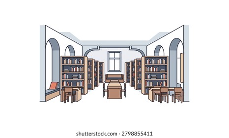 A clean and organized vector illustration of a contemporary library featuring tall bookshelves filled with books, study tables, chairs, and arched windows for natural lighting.